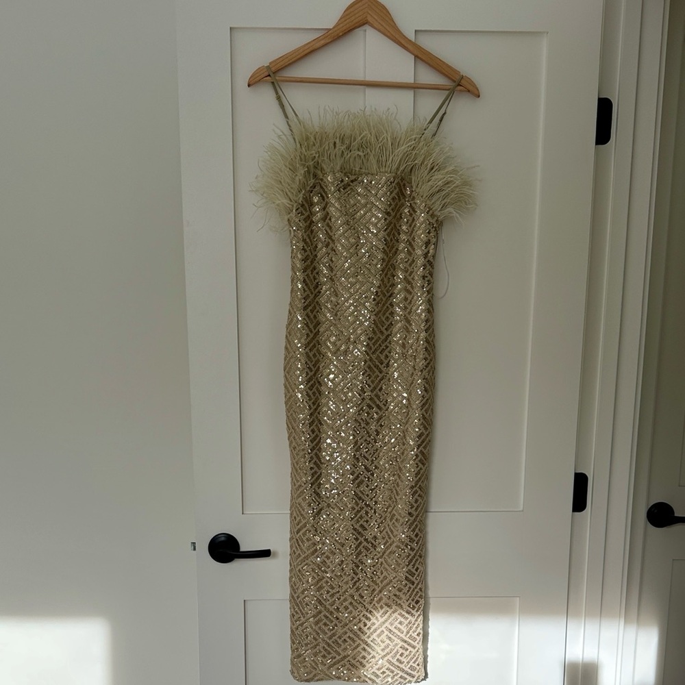 Elliatt Gold Sequin Dress with Feather Detail